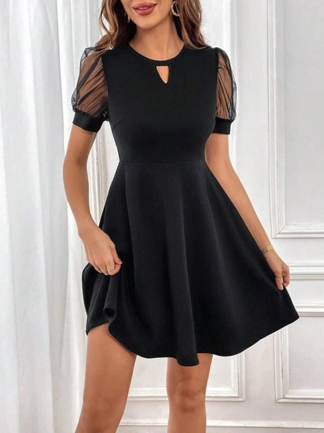 Black Mini Dress For Women | Mock Neck Puff Sleeve A-Line