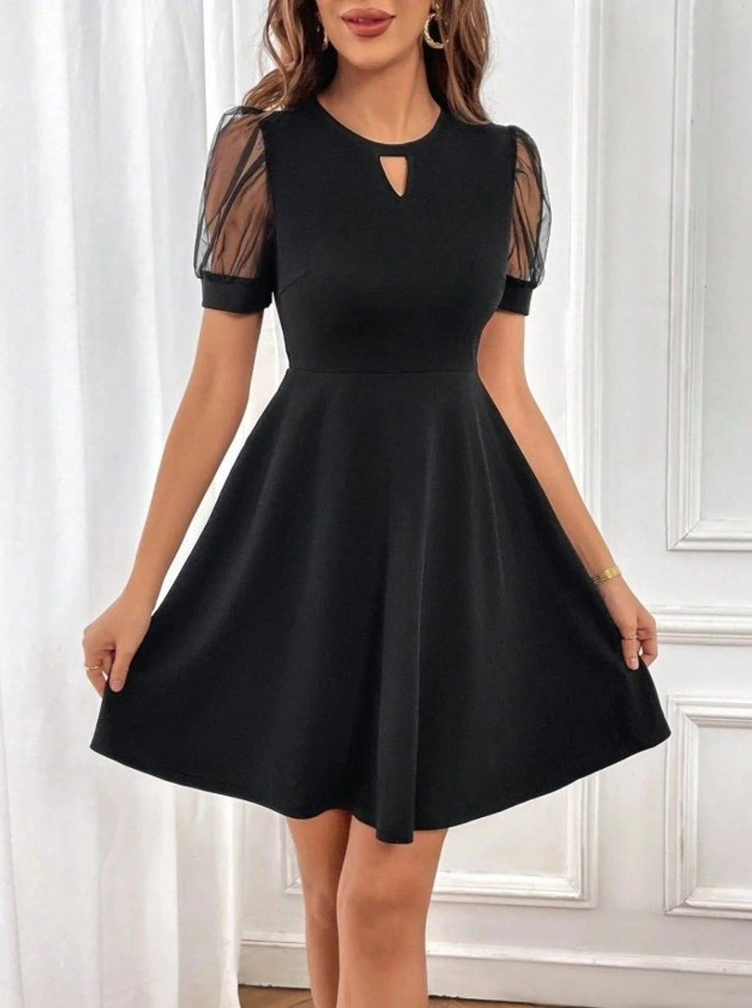 Black Mini Dress For Women | Mock Neck Puff Sleeve A-Line